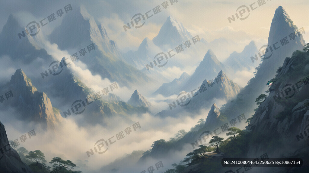 高耸入云的群山 山峰在露出云层