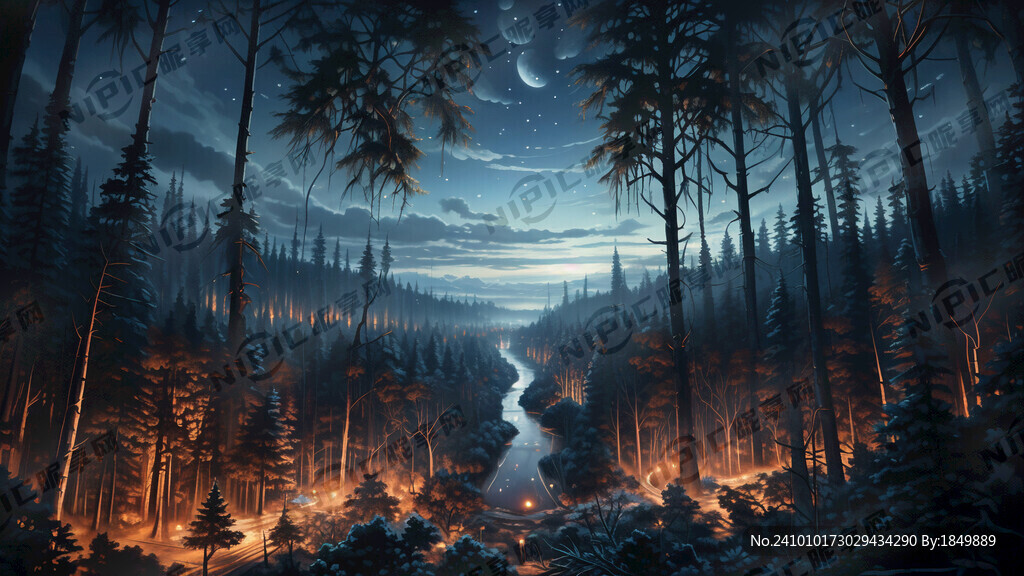 俯视森林 夜景 汽车灯光