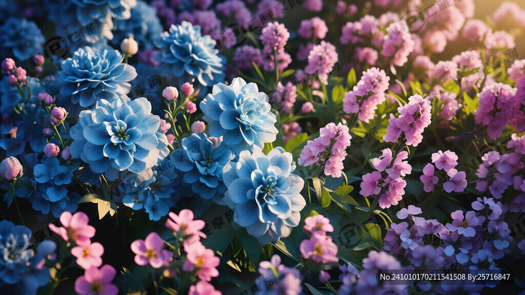 沿着花束生长的淡蓝色和淡粉色的