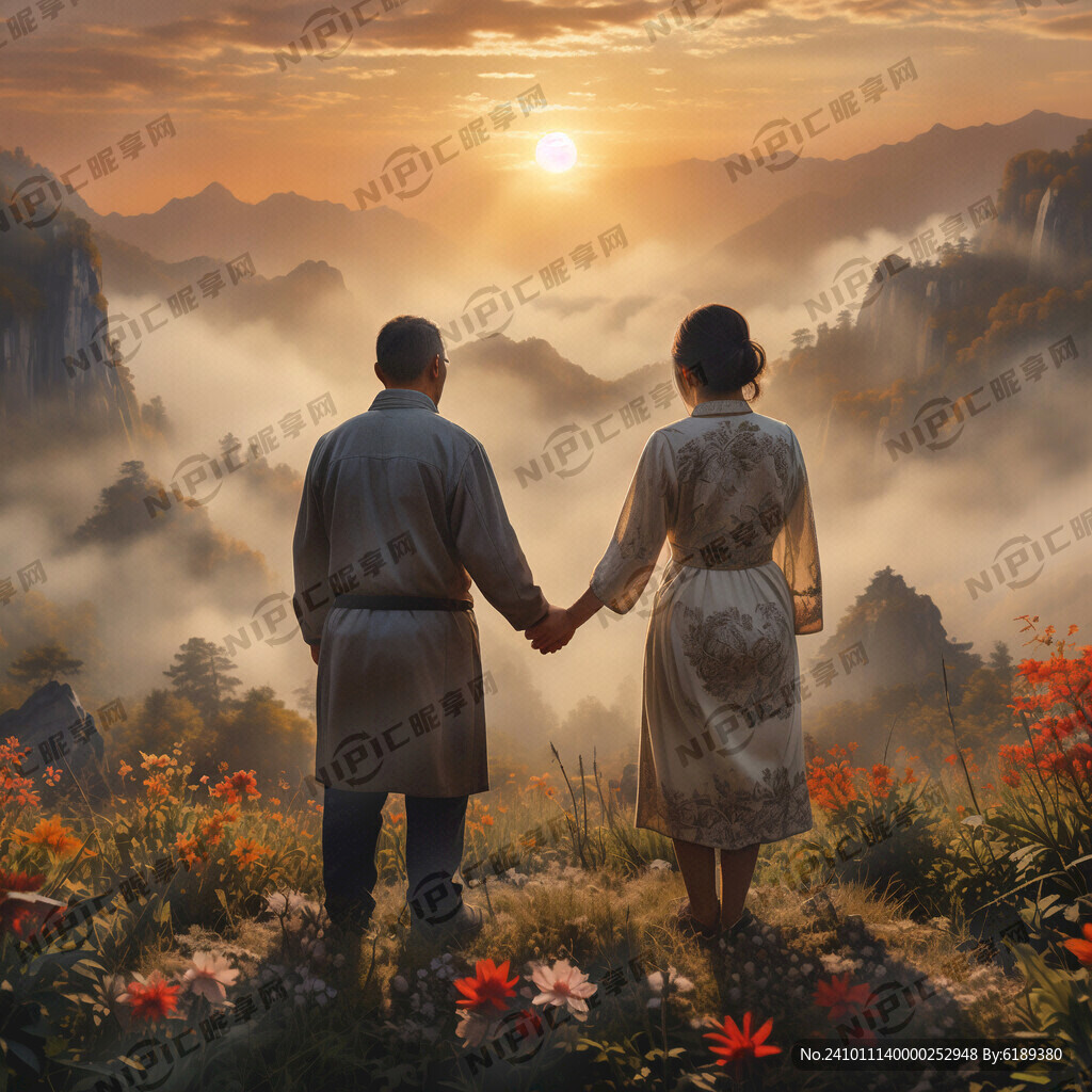 老夫妻手拉手面对阳光站在山上