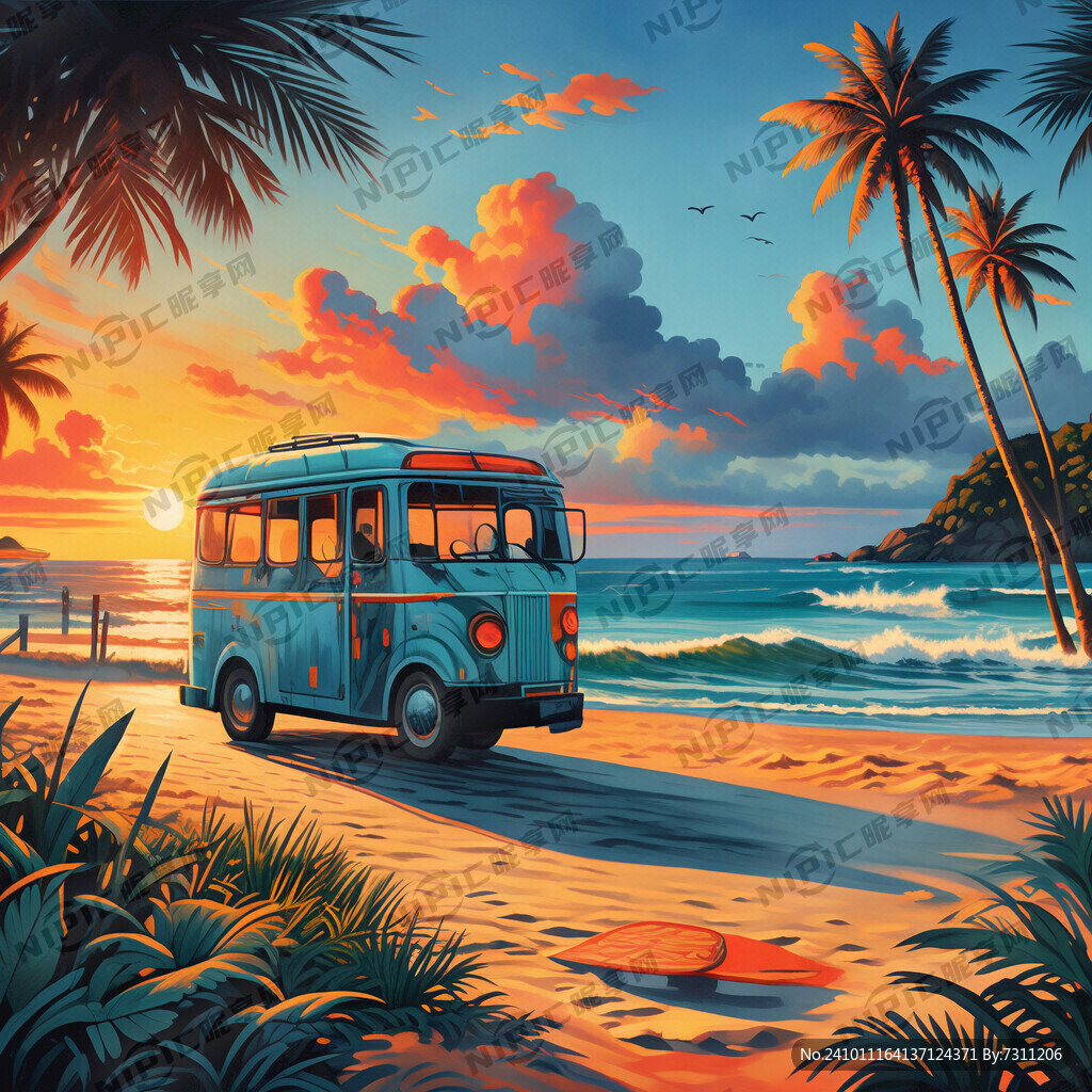 落日沙滩 海边夏日小巴士