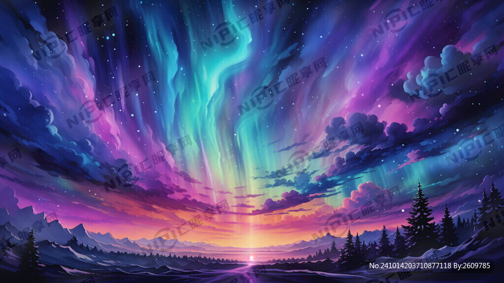 紫色天空 蓝色极光 水彩