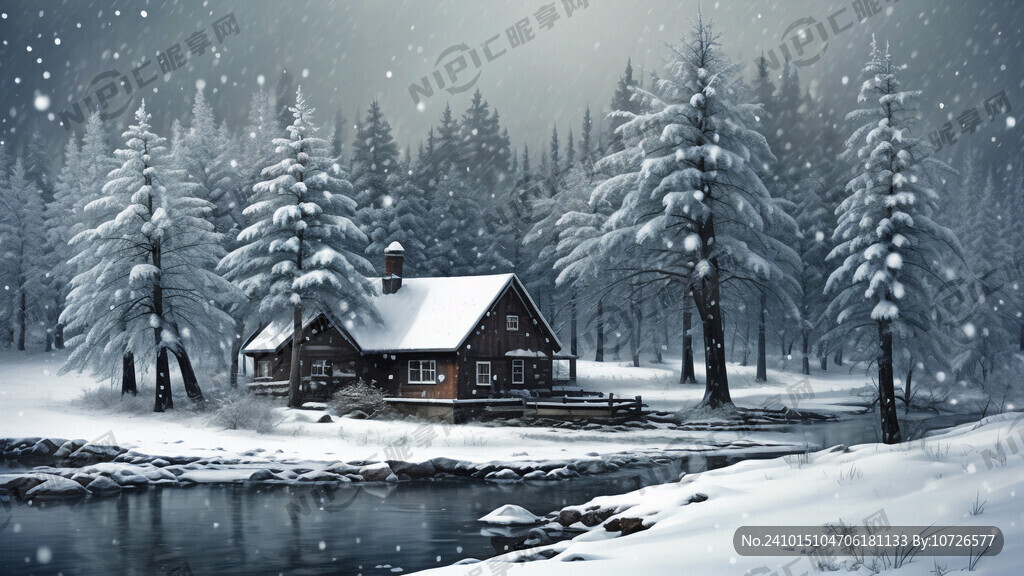 江水 雪 房子 雪松