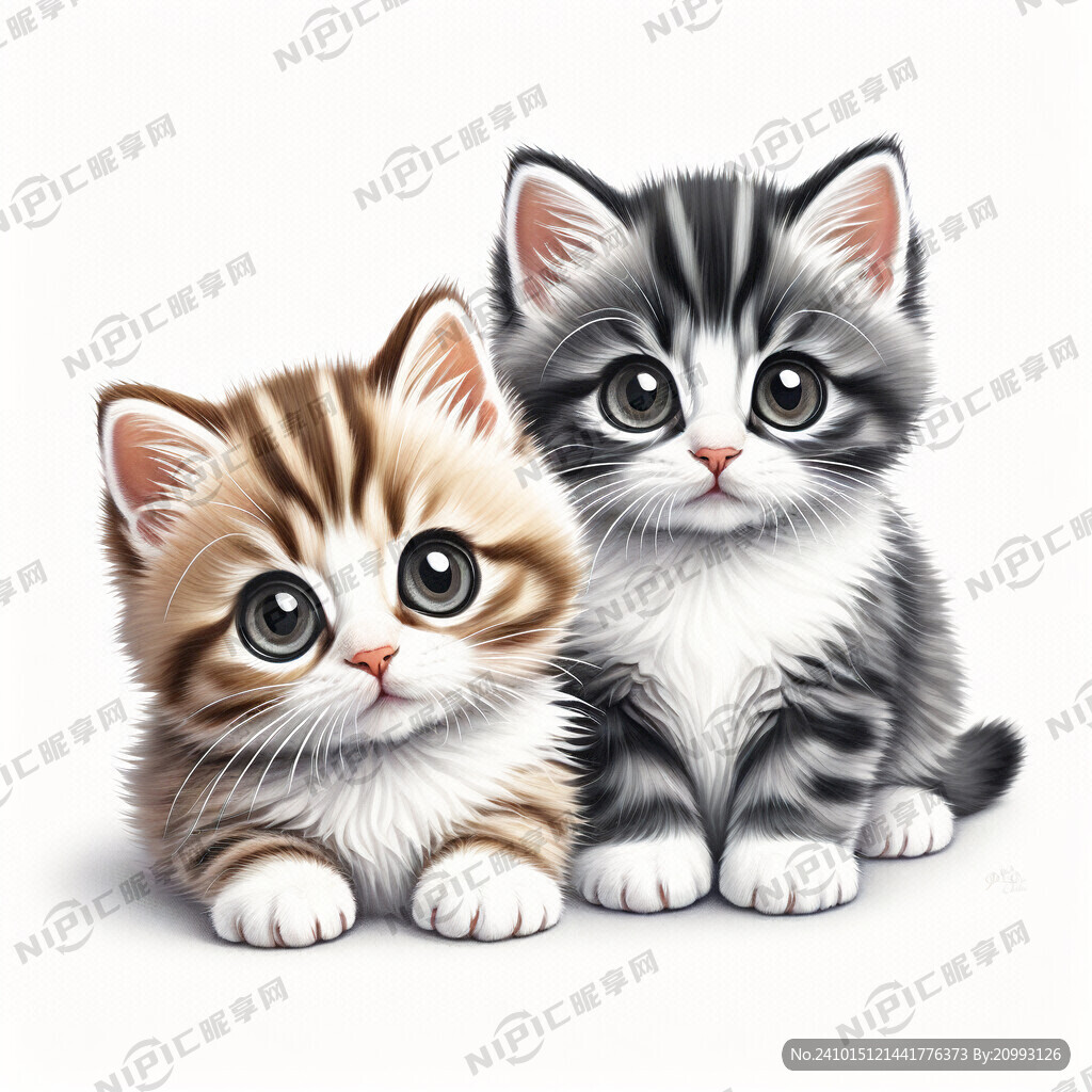 一对可爱的大眼睛猫咪 白色背景