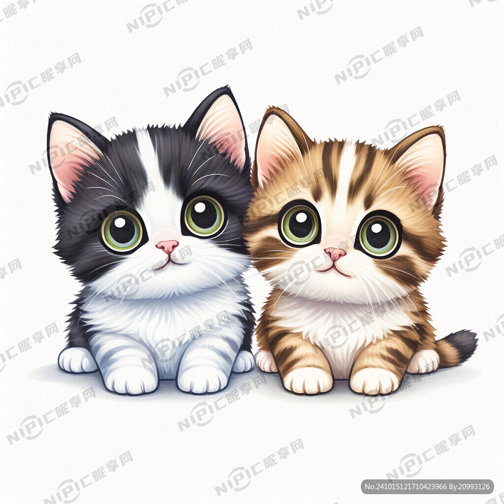 一对可爱的大眼睛猫咪 白色背景