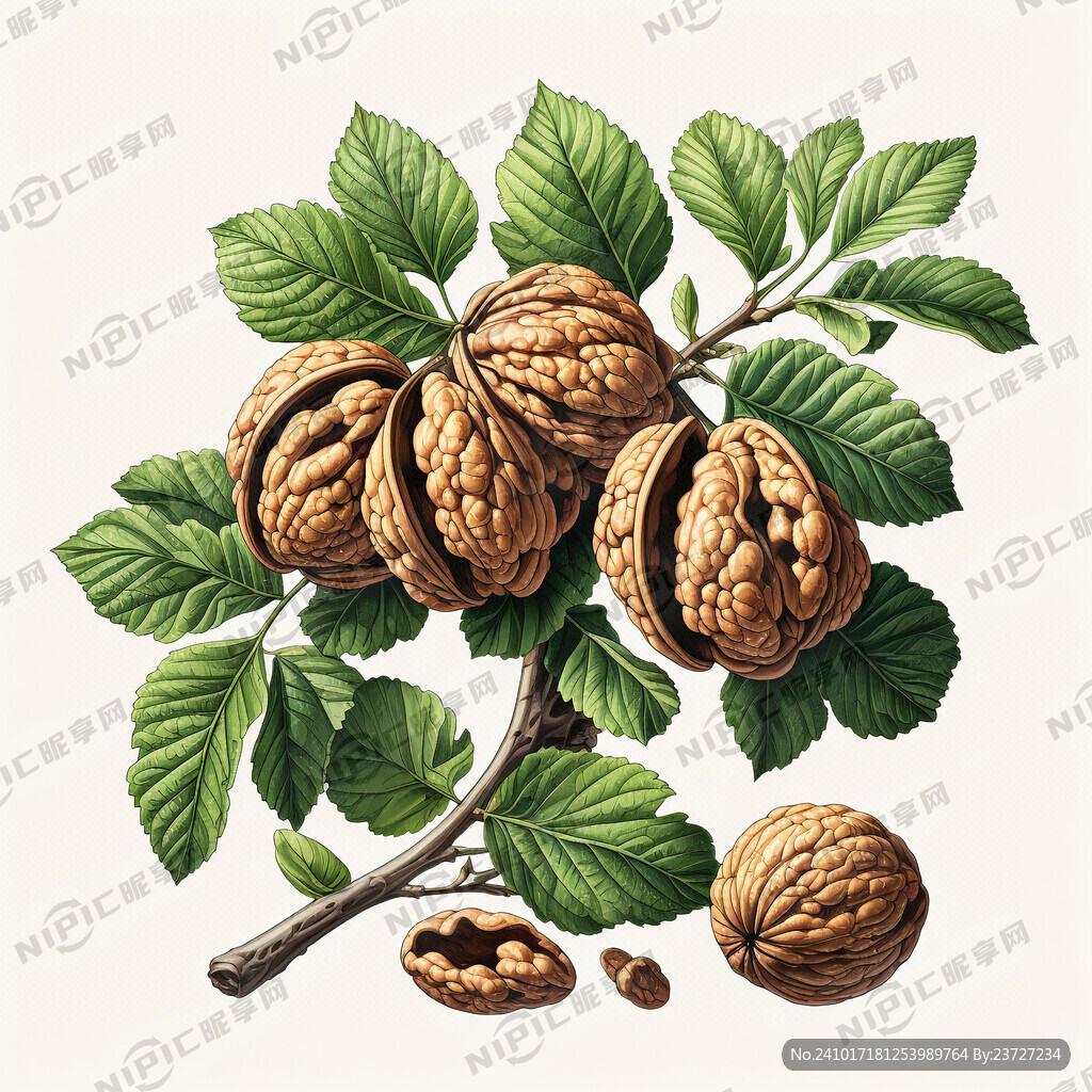 核桃枝 绿色的核桃叶 插画风格