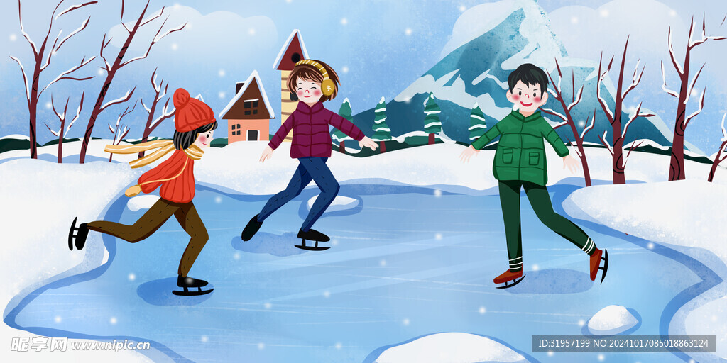 儿童冬天溜冰滑冰插画