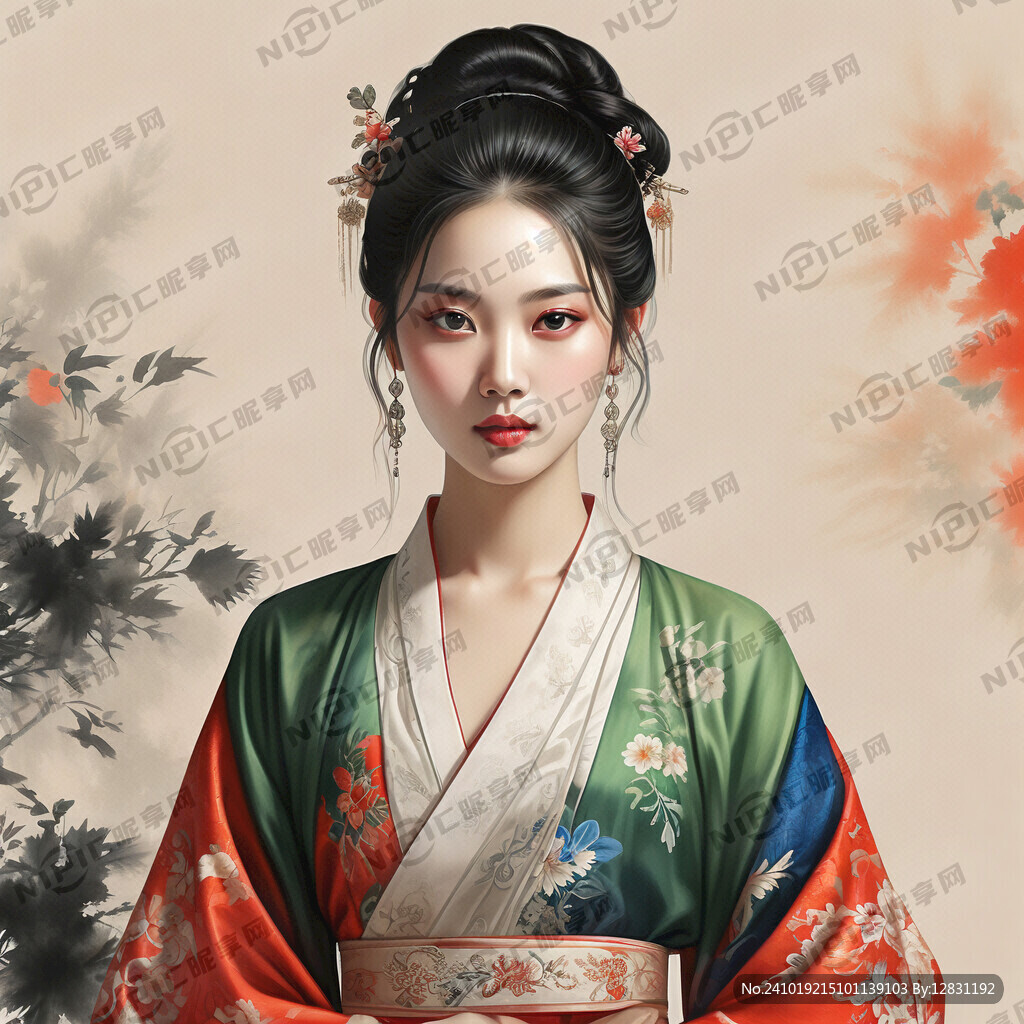 国风国潮美女 五官精致 拿扇子