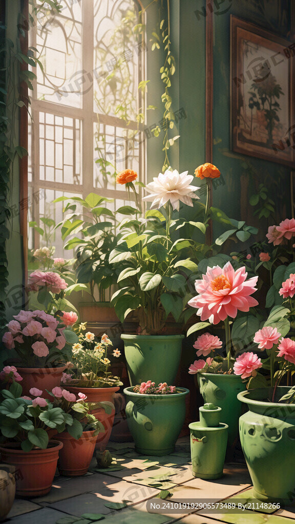 整体绿色调 有拟人的盆栽的花