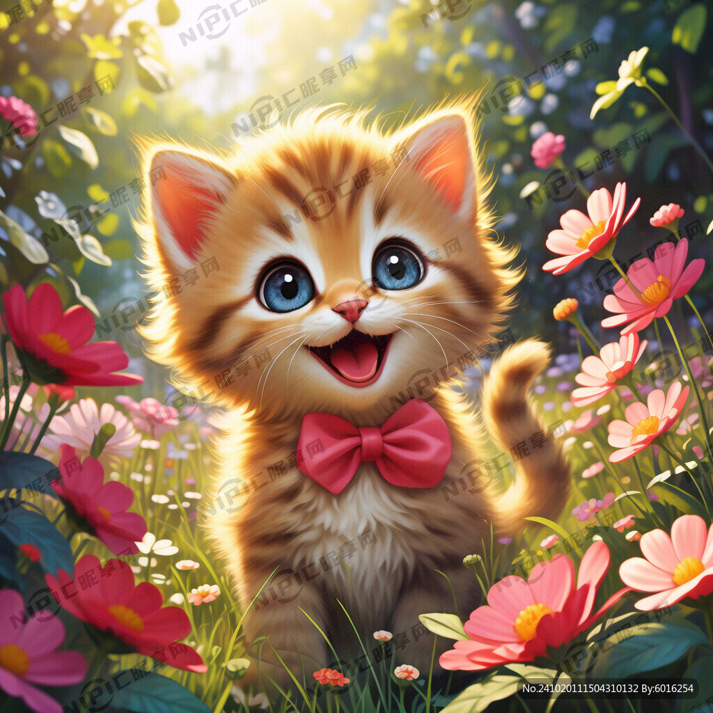 卡通、小猫、笑容甜蜜、在花丛的