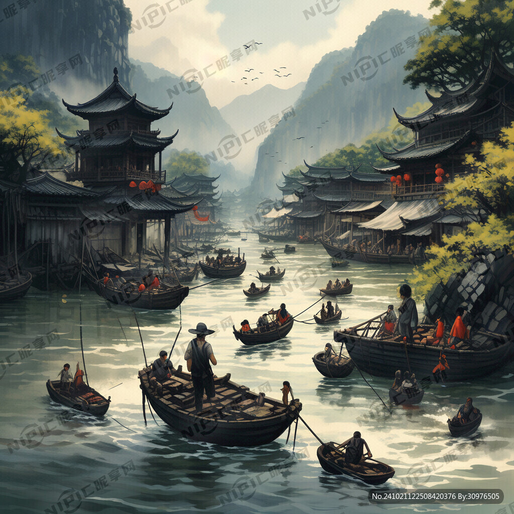 西江风景 渔村 码头 渔民打鱼