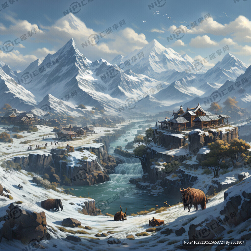 雪山 草原 牦牛 小河 核桃树