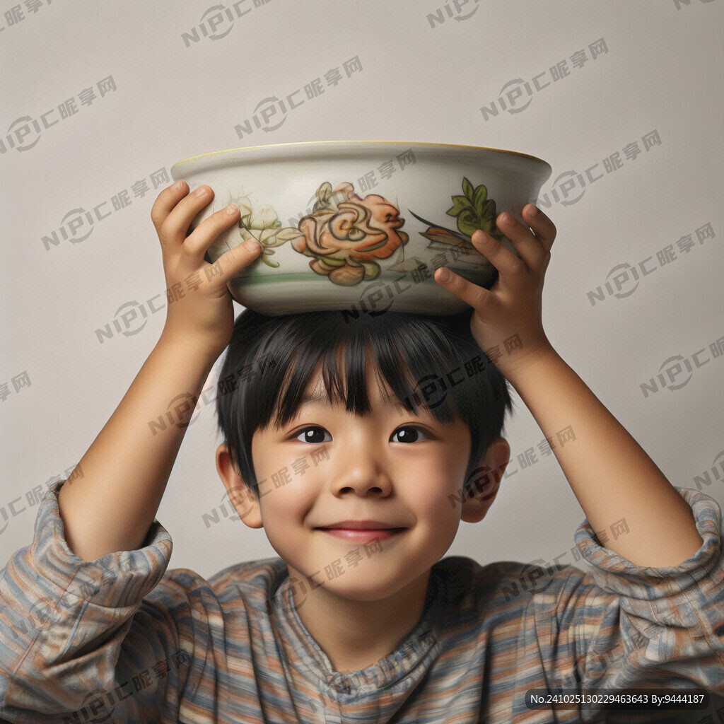 小学生头上顶着碗