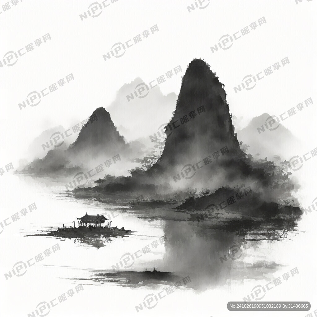 水墨 水稻田 山