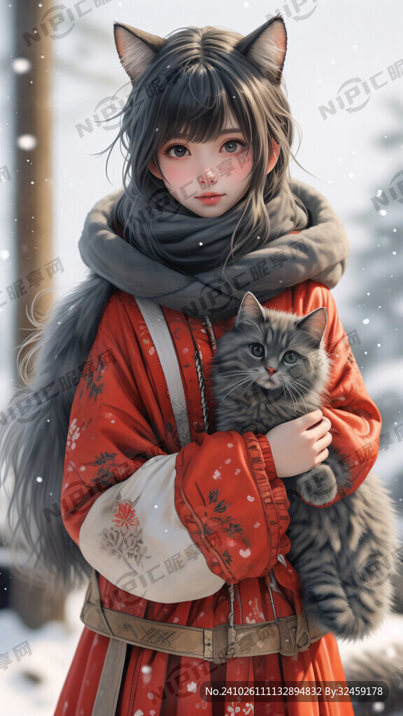 古装冬衣抱猫的女孩