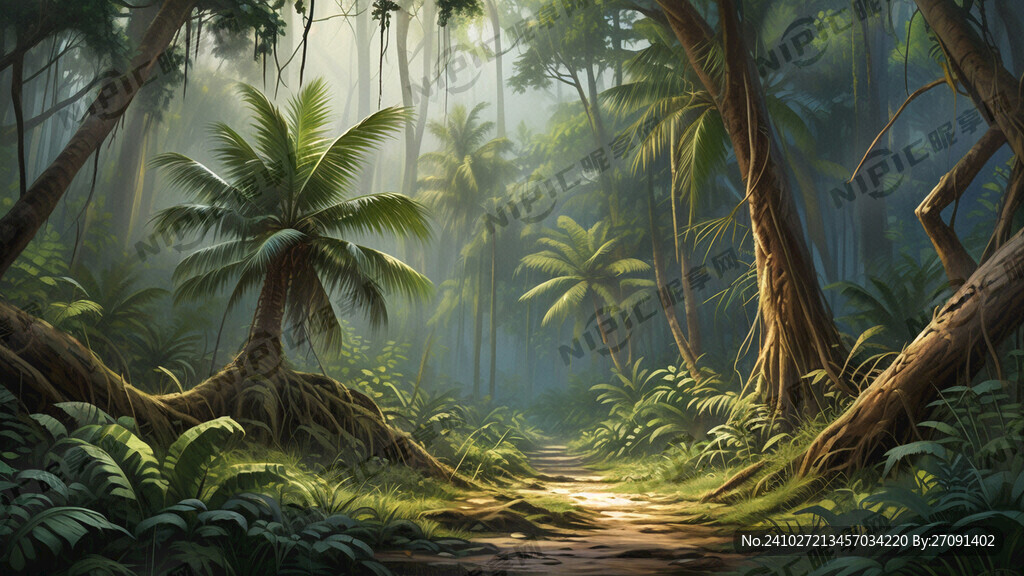 手绘 原始森林 亚热带 大树叶