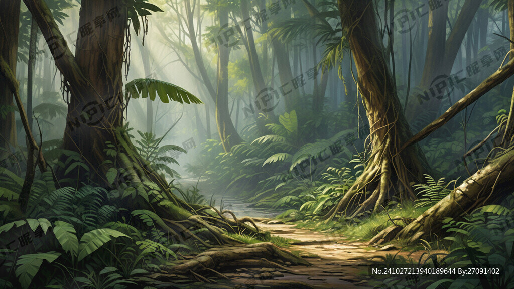 手绘 原始森林 亚热带 大叶子