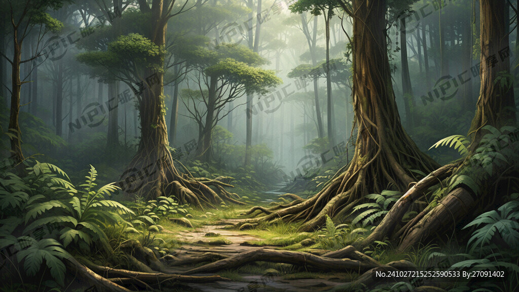 手绘 原始森林 亚热带 大叶子