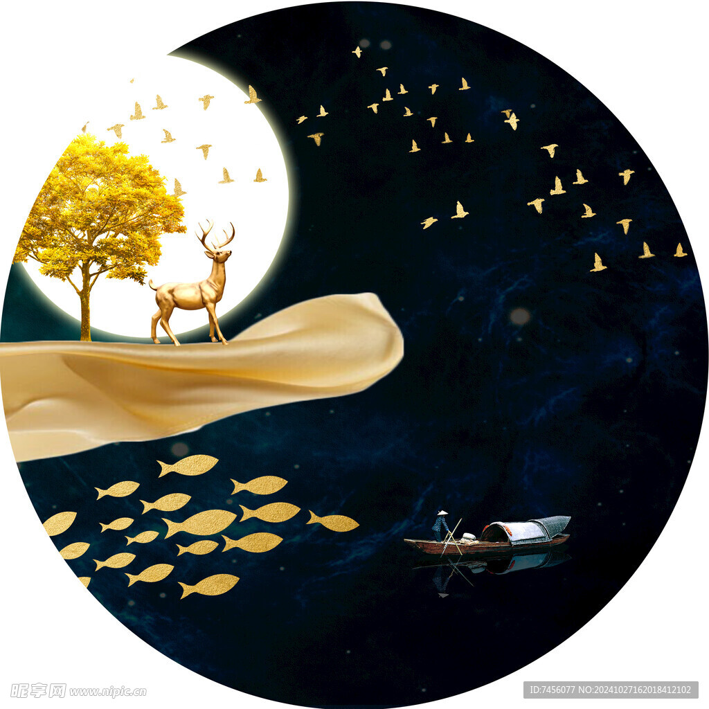 麋鹿发财树游鱼圆形挂画装饰画