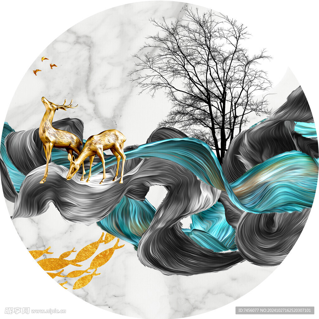 麋鹿水墨风景画圆形挂画