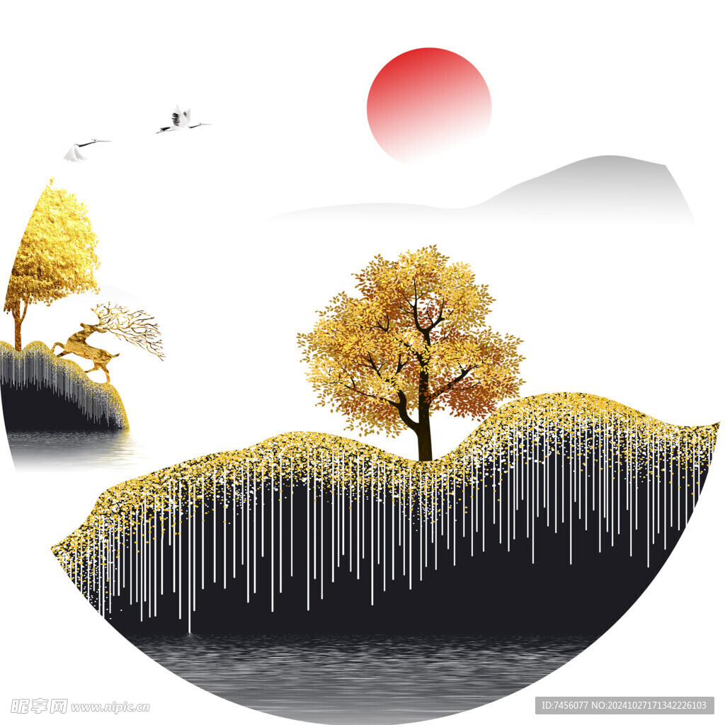 发财树水墨风景画圆形挂画装饰画