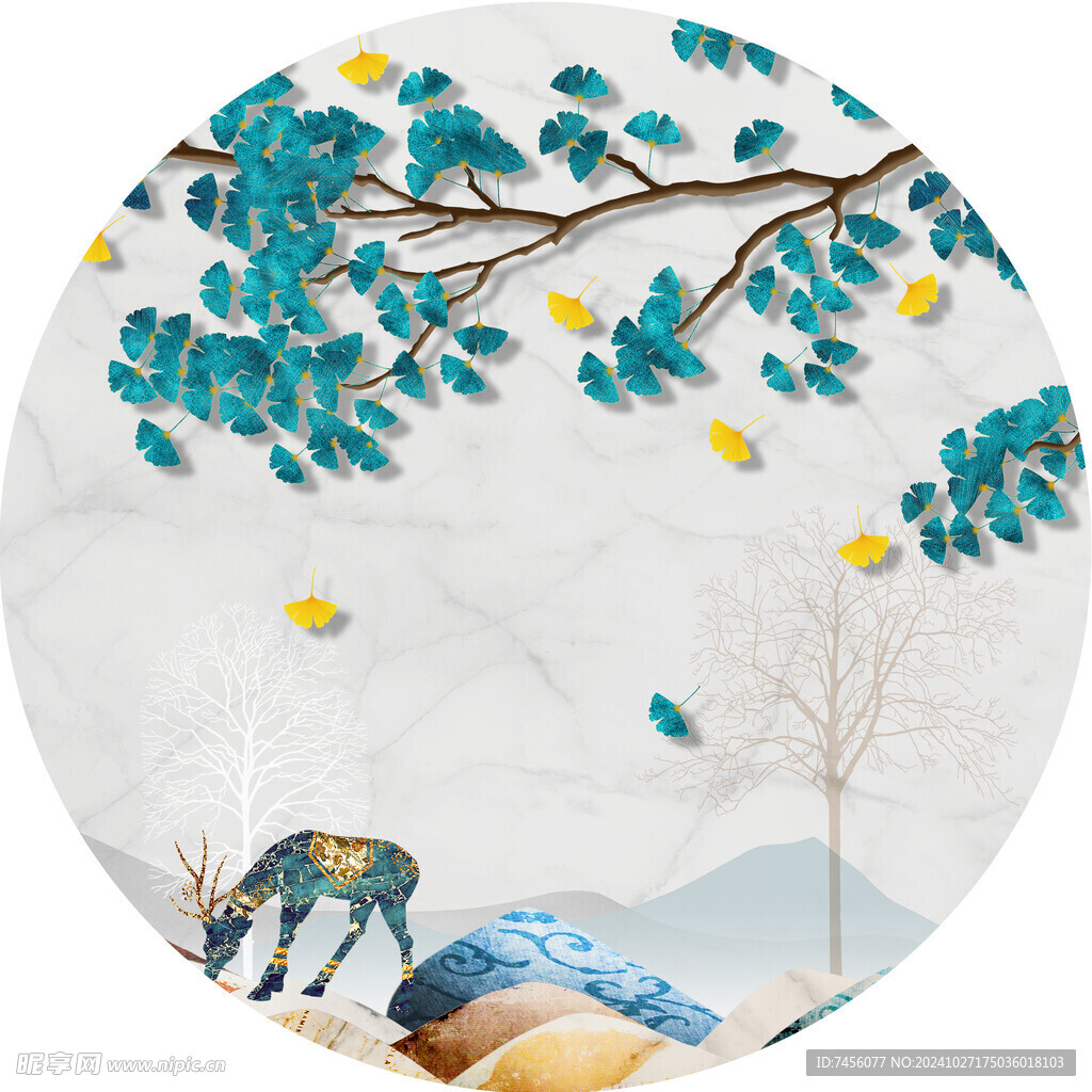 树叶麋鹿中式圆形挂画装饰画