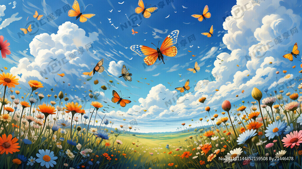 蓝天白云占很大面积 草地