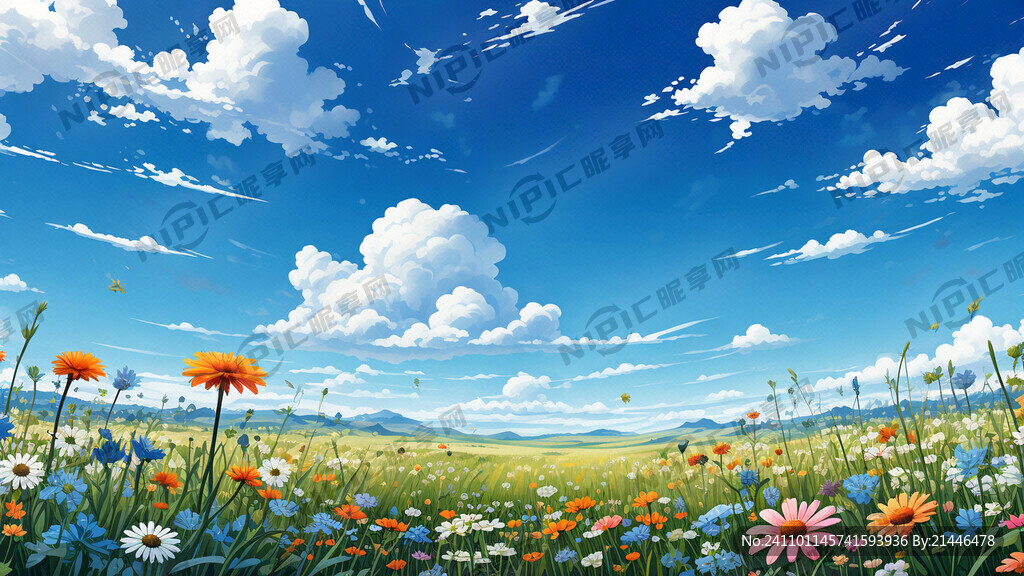 蓝天占很大面积 草地 各种花朵
