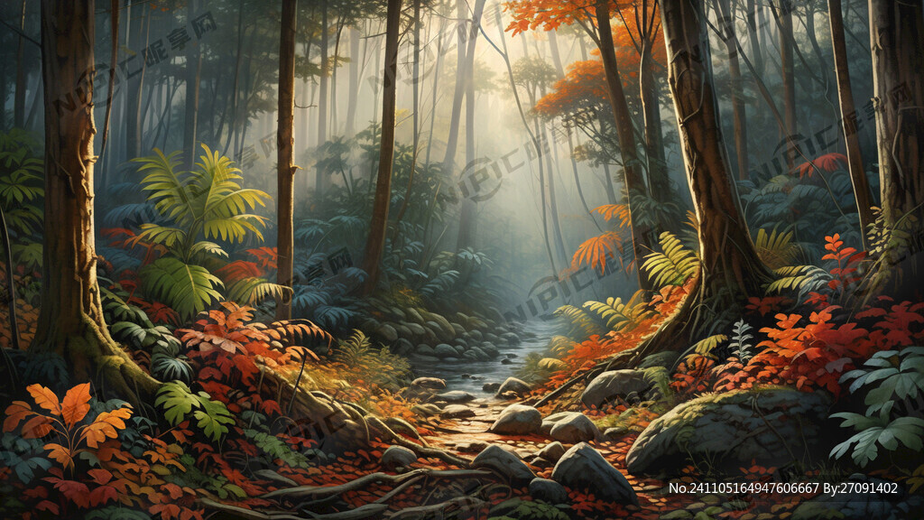 手绘 秋天的森林 雨林植物