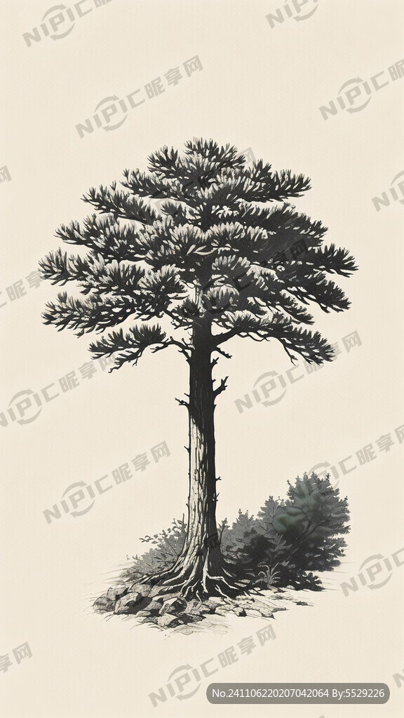 小盆松 青松 美式 复古 线稿