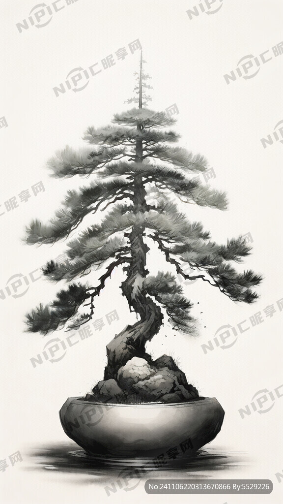 小盆松 青松 复古 国画