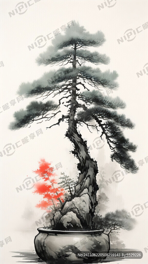 小盆松 青松 复古 国画