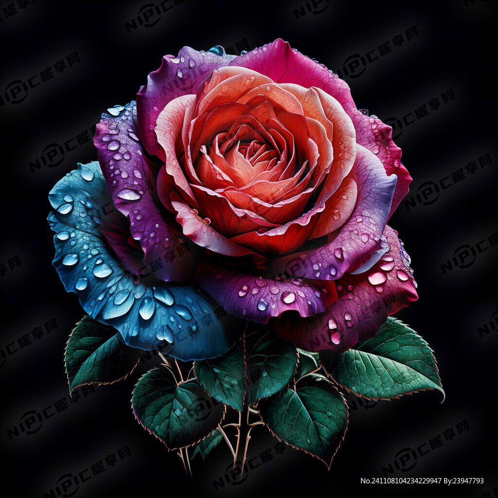 黑底。一朵月季 色彩斑斓 透明