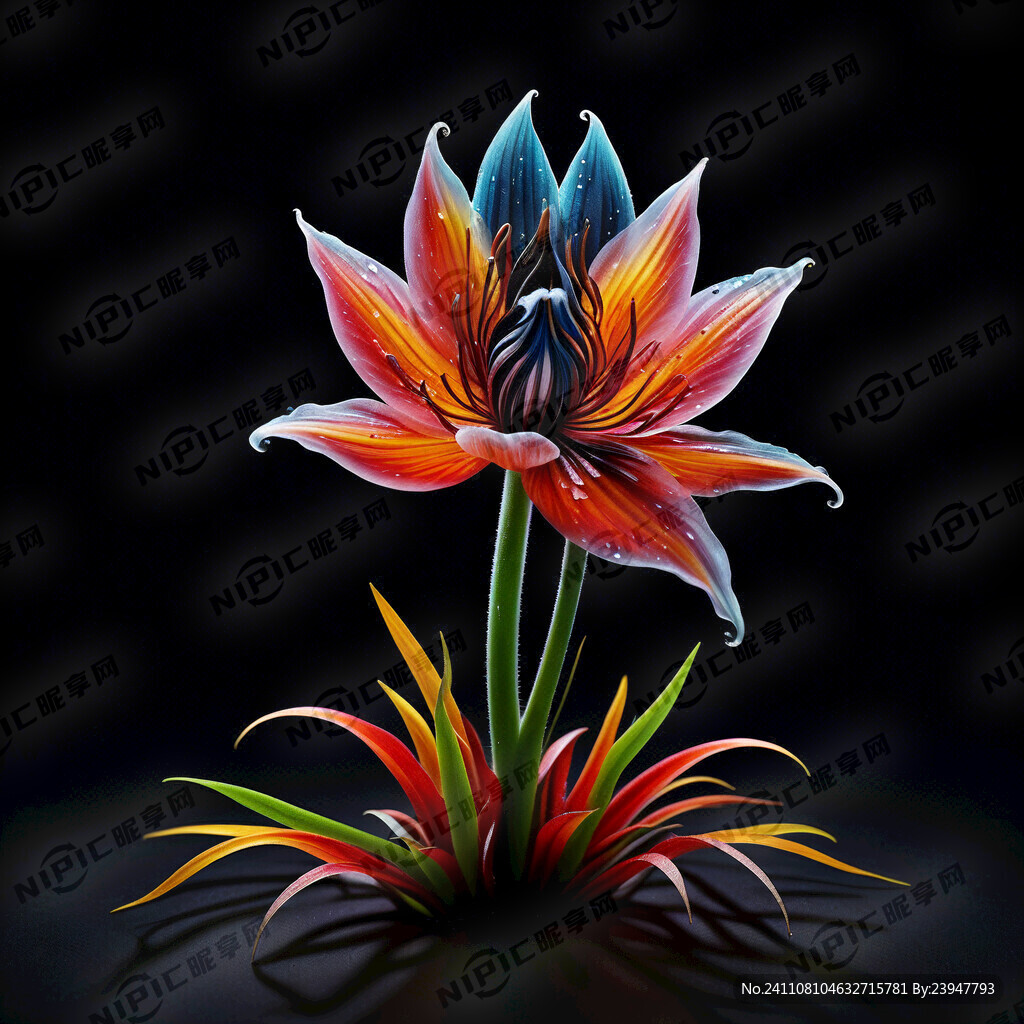 黑底。一朵飞燕草  色彩绚丽