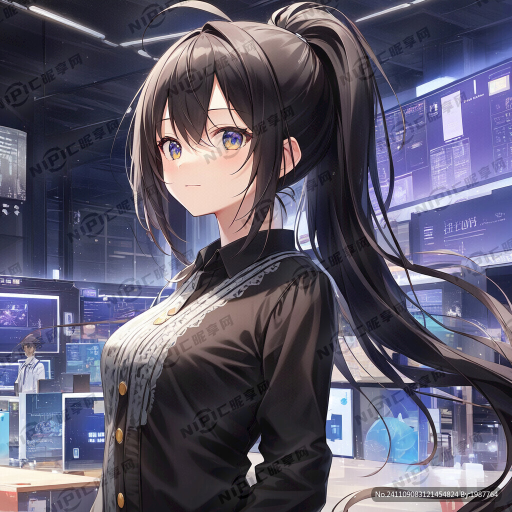 黑色背景 一位马尾辫的女生