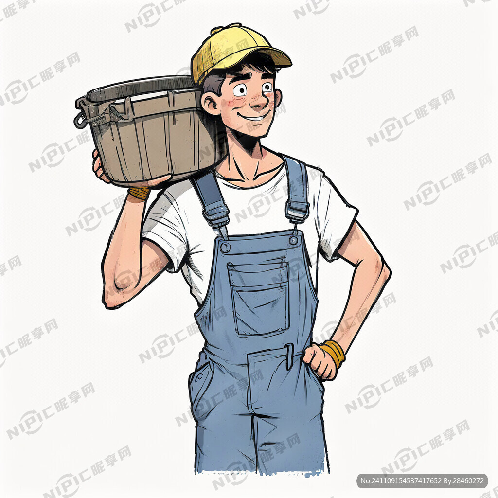 手绘卡通 肩膀上扛水桶工人