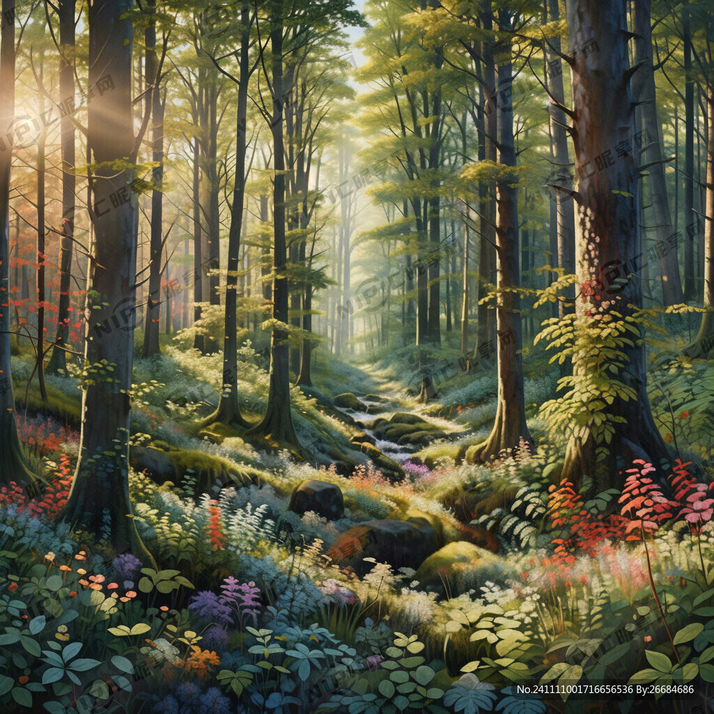 春夏秋冬森林景观。美丽的树木和