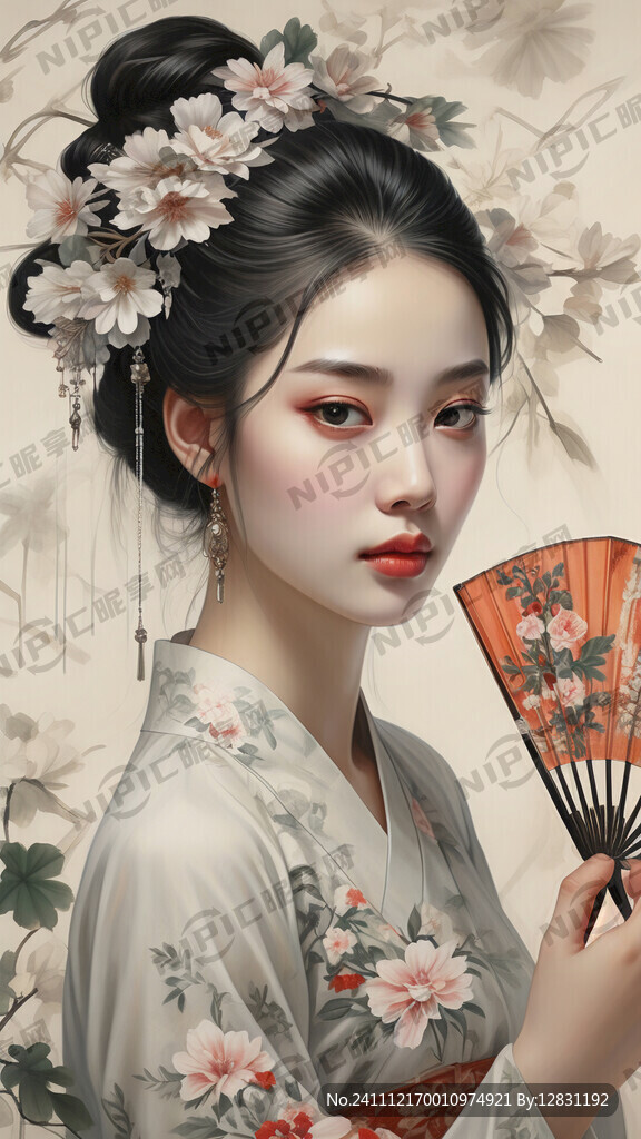 国潮美女 手拿扇子 半遮面部