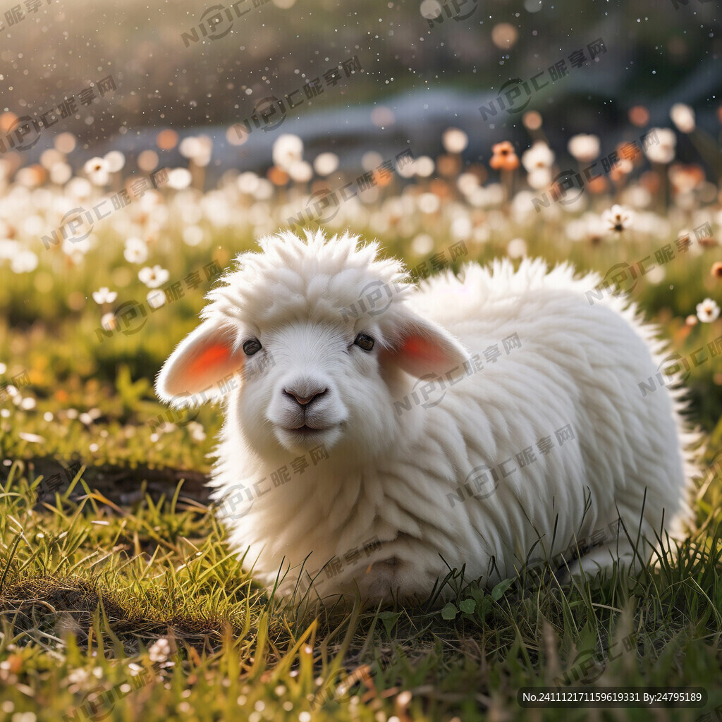 趴着的正面的小绵羊 真实自然
