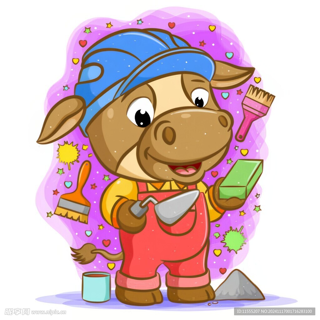 棕色建筑牛带砖水泥勺漫画