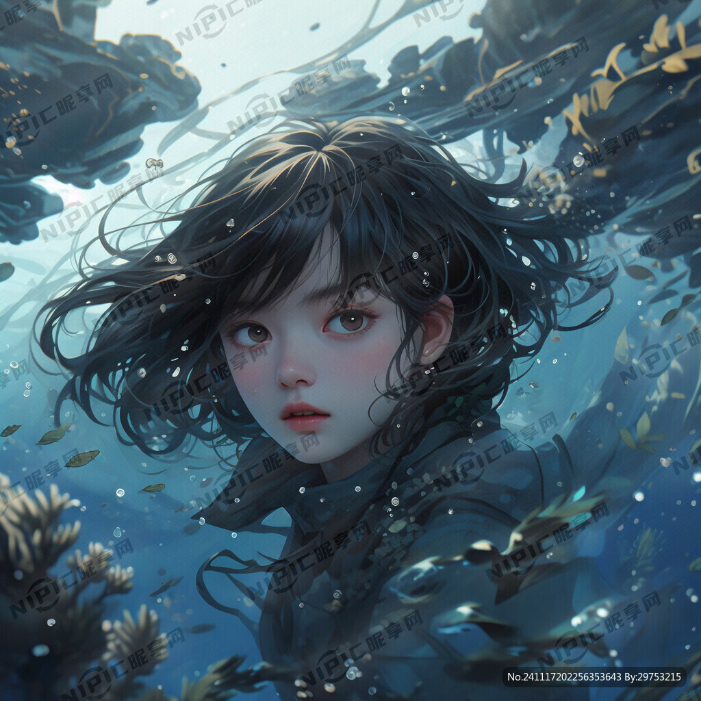 一个短发女孩沉入海底