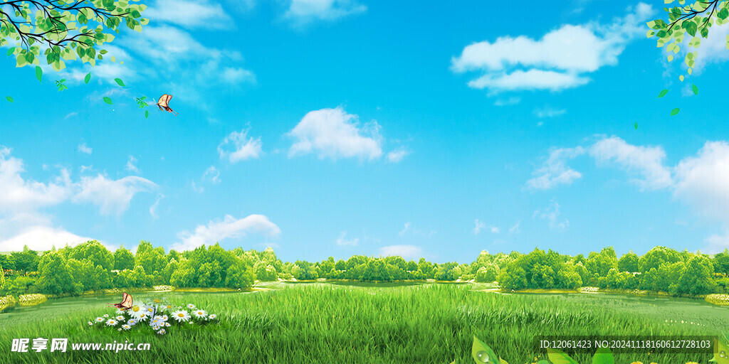 蓝天白云绿草地 