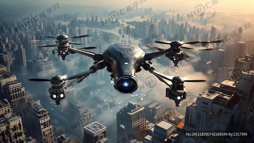 各类无人机在城市上方飞行