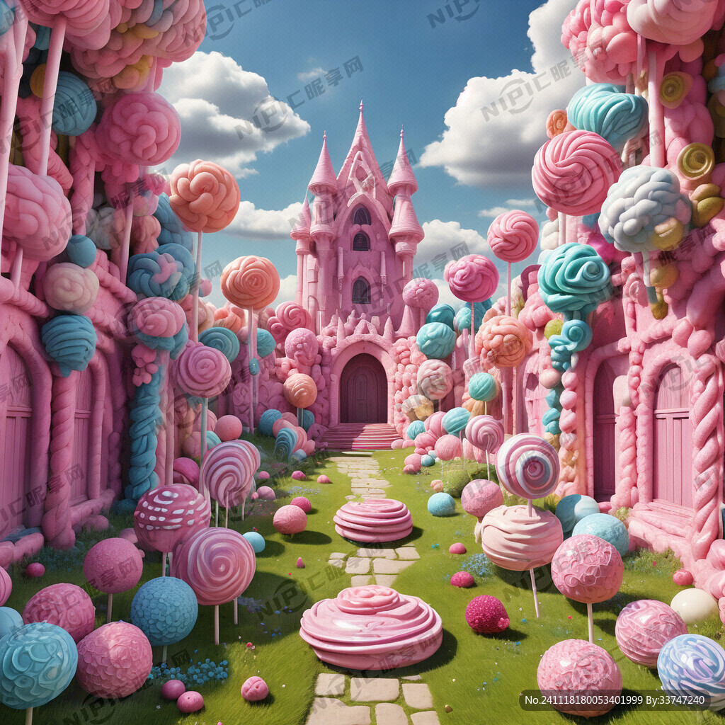 粉色糖果城堡 棒棒糖 小道 云