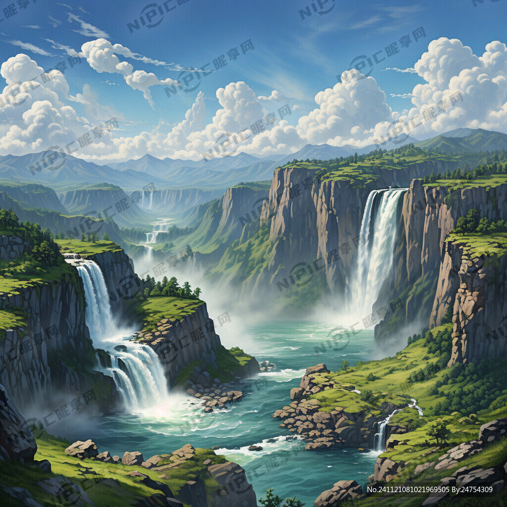 青山 绿水 瀑布 蓝天 白云