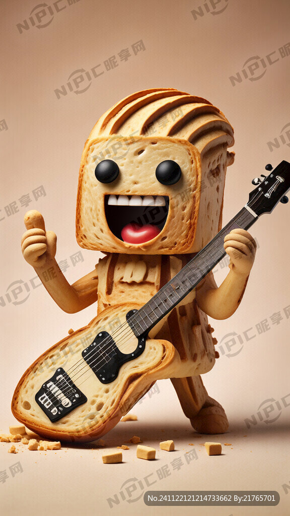 一个拿着吉他唱摇滚的吐司面包抽