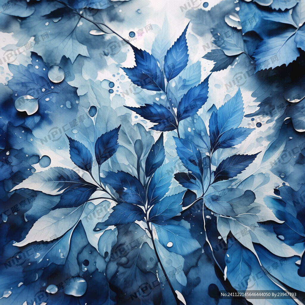蓝色水彩树叶 水彩 晶莹剔透
