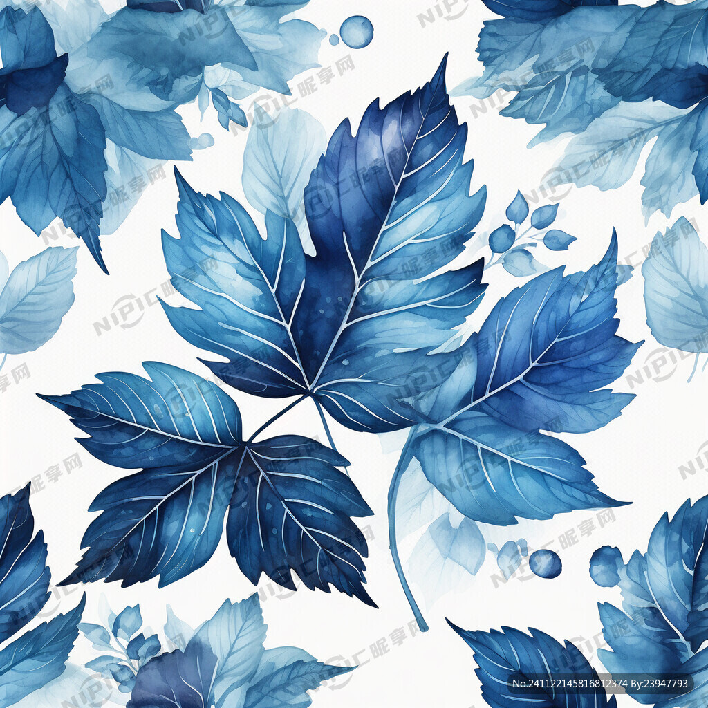 蓝色水彩树叶 水彩 晶莹剔透