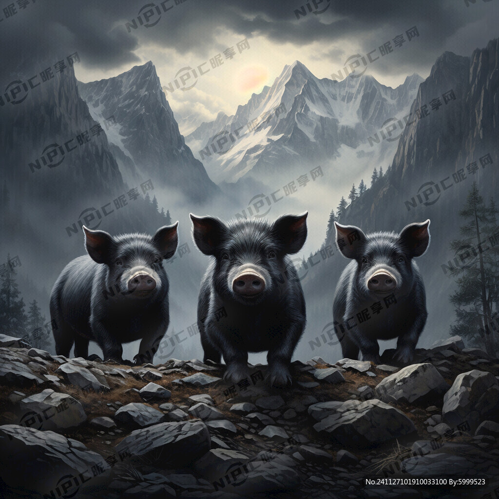 山 三只黑猪 黑色背景
