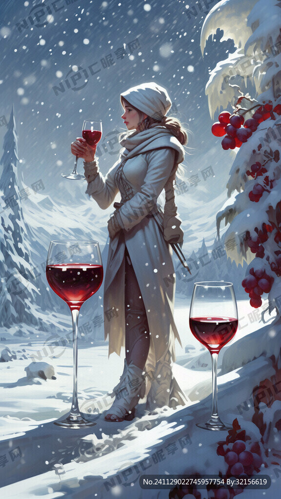 雪地 美女 葡萄 酒瓶 概念